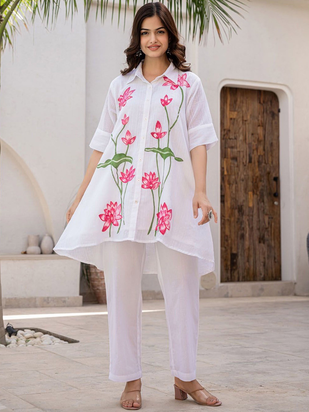 

FASHION DWAR Floral Printed Shirt Collar Pure Cotton Tunic With Trousers, White