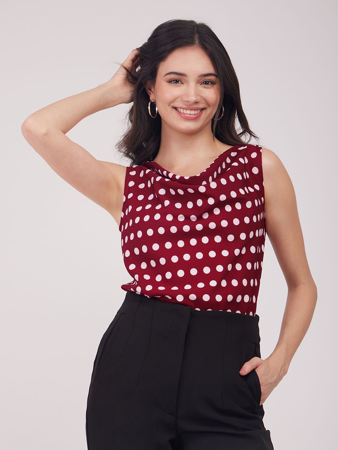 

FableStreet Polka Dot Printed Cowl Neck Top, Maroon