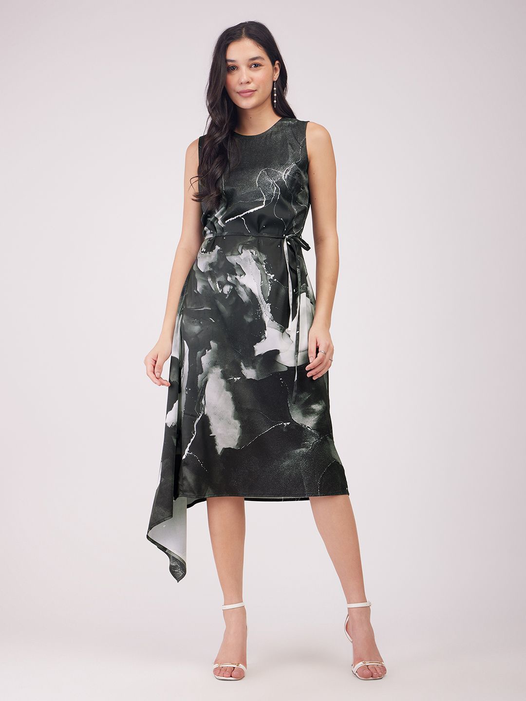 

FableStreet Print Satin A-Line Midi Dress, Black
