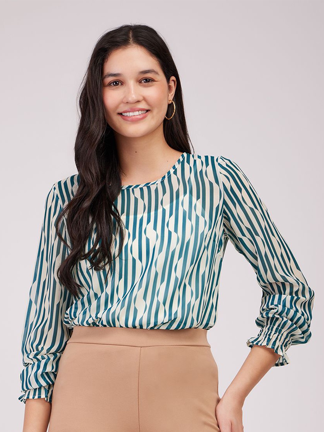 

FableStreet Striped Printed Round Neck Puff Sleeve Top, Teal