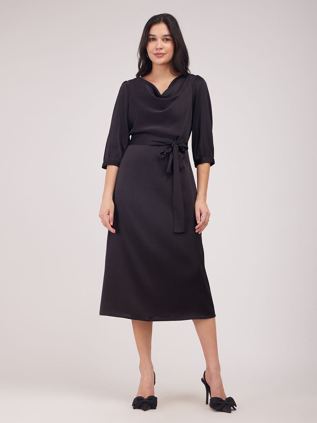 

FableStreet Cowl Neck Satin A-Line Midi Dress, Black