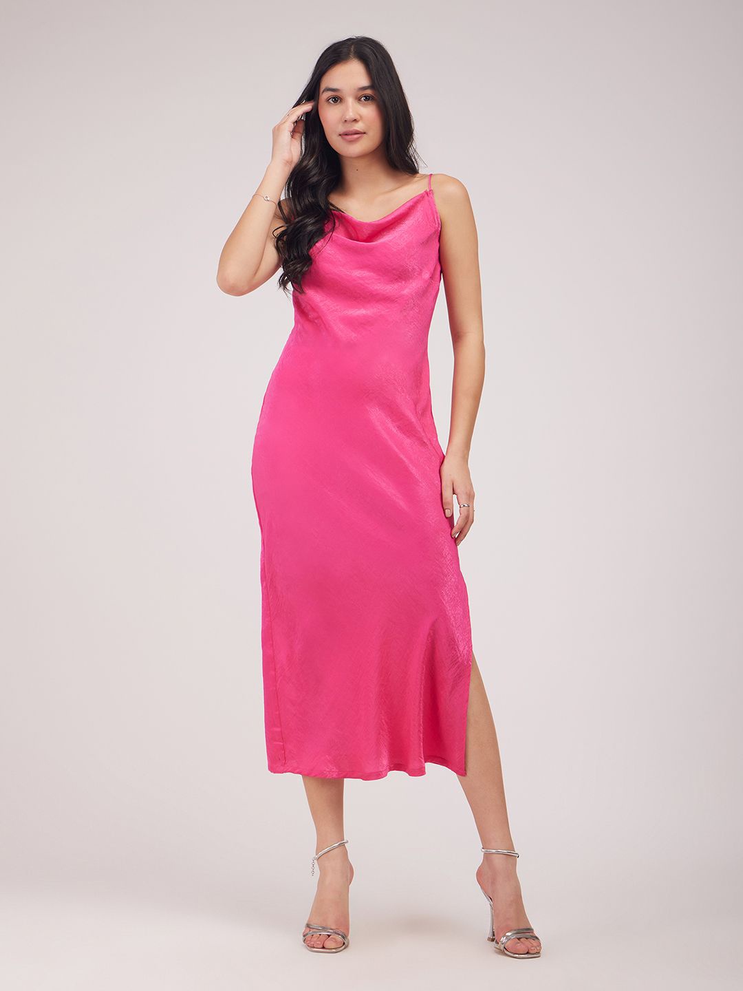 

FableStreet Cowl Neck Satin A-Line Midi Dress, Fuchsia