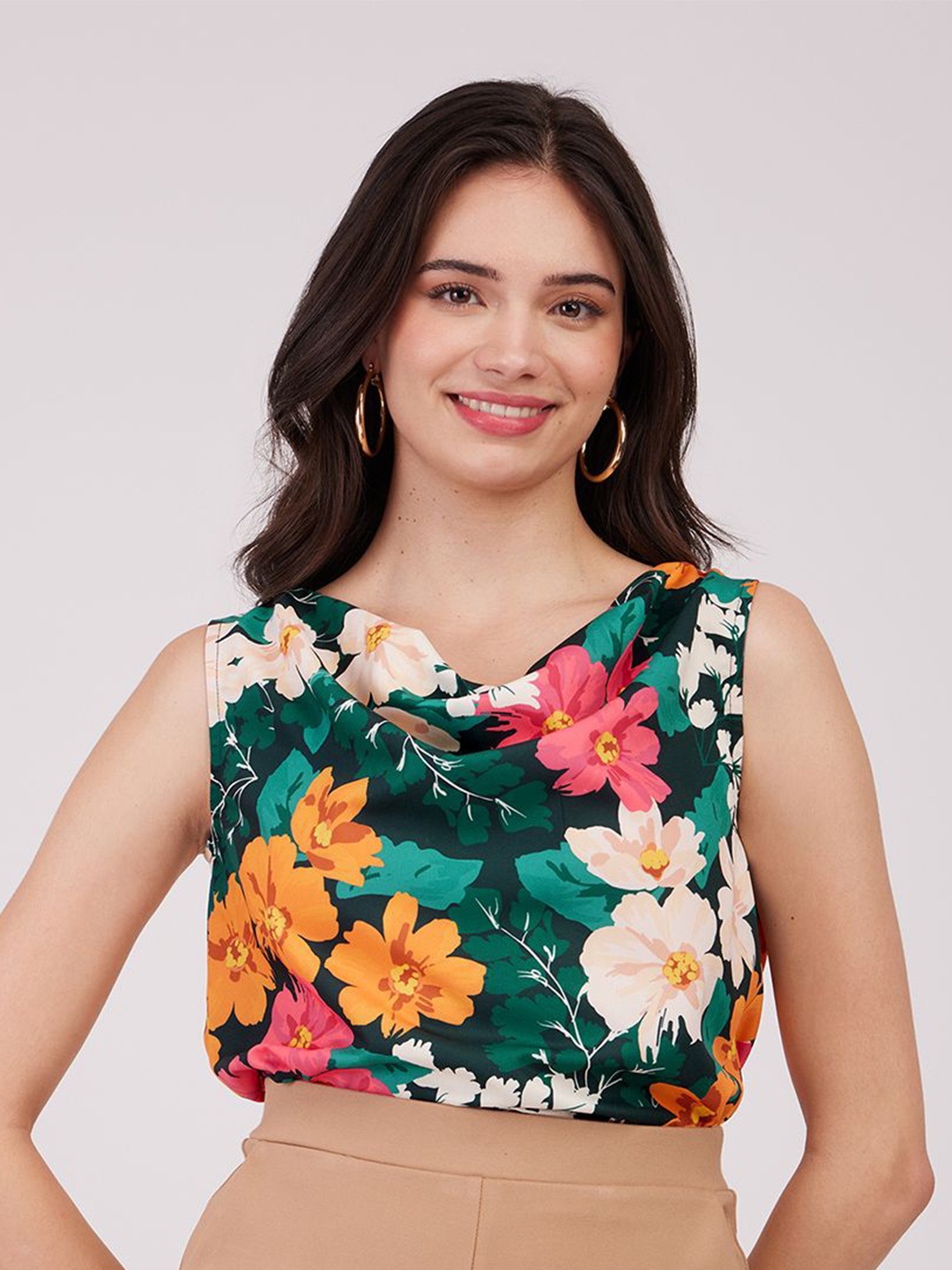 

FableStreet Floral Printed Cowl Neck Top, Green