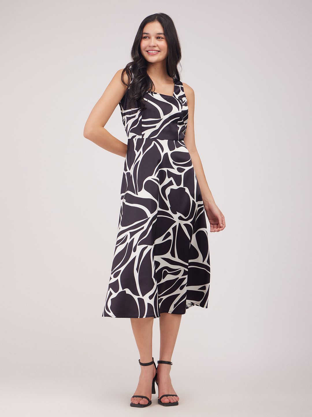 

FableStreet Printed Satin Midi Fit And Flare Dress, Black