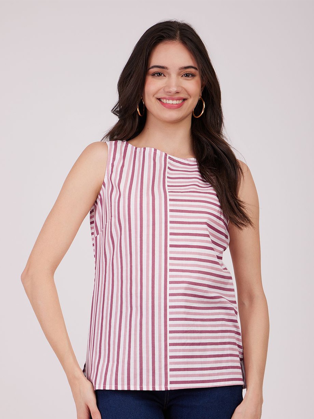 

FableStreet Striped Pure Cotton Round Neck Top, Pink