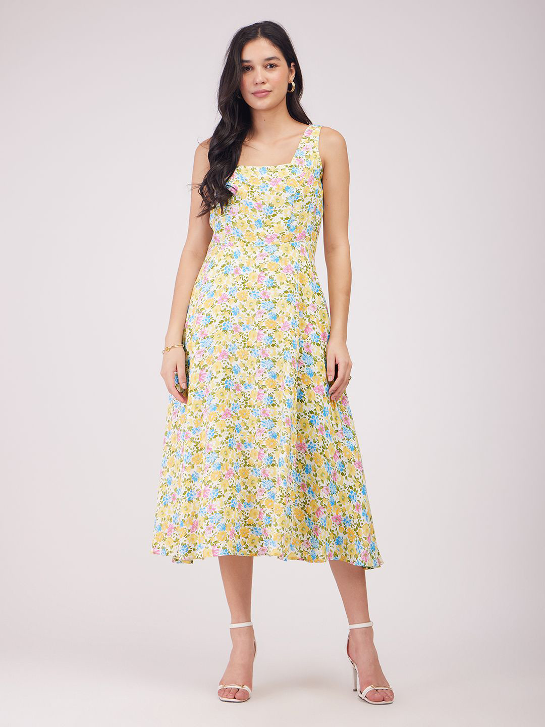 

FableStreet Floral Print Fit & Flare Midi Dress, Yellow
