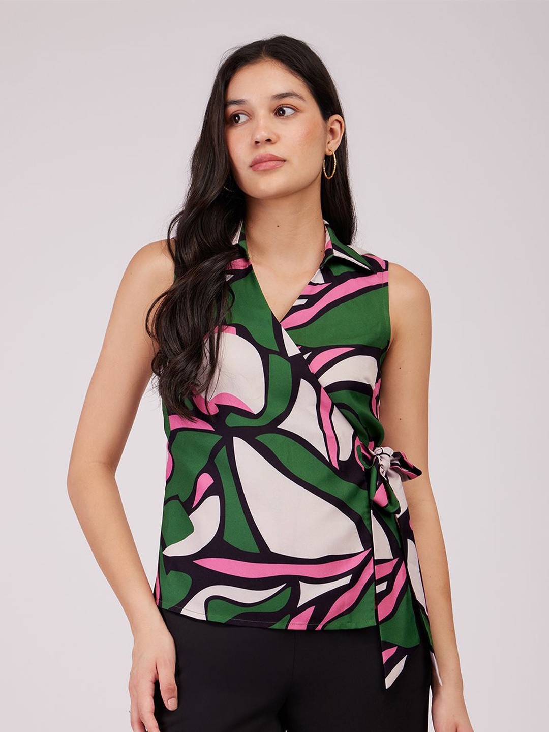 

FableStreet Abstract Printed Shirt Collar Wrap Top, Green