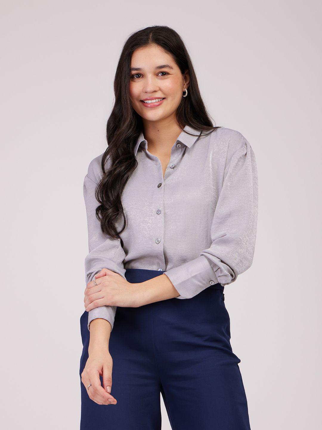

FableStreet Women Solid Spread Collar Casual Shirt, Grey