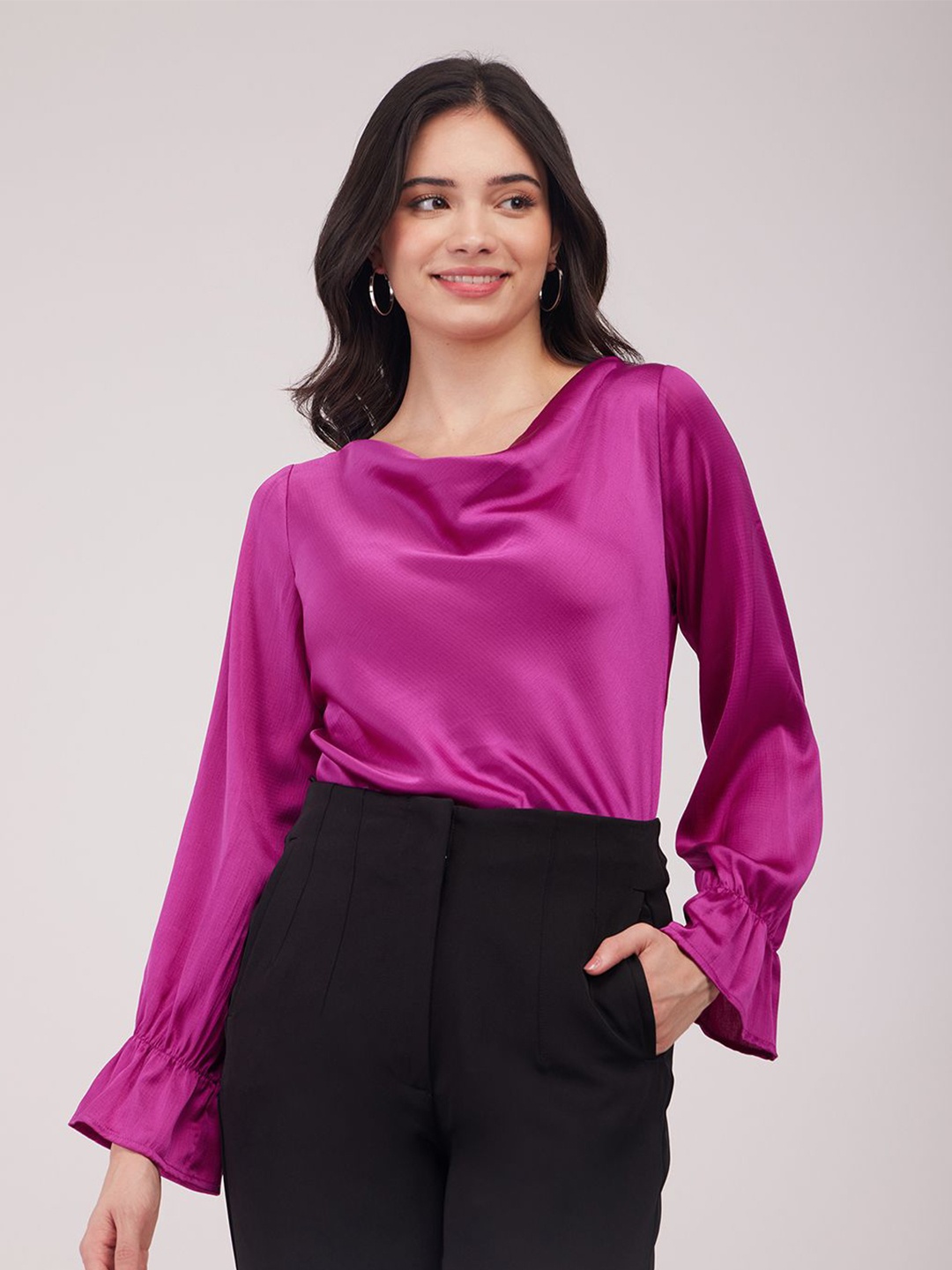 

FableStreet Solid Cowl Neck Bell Sleeve Top, Magenta