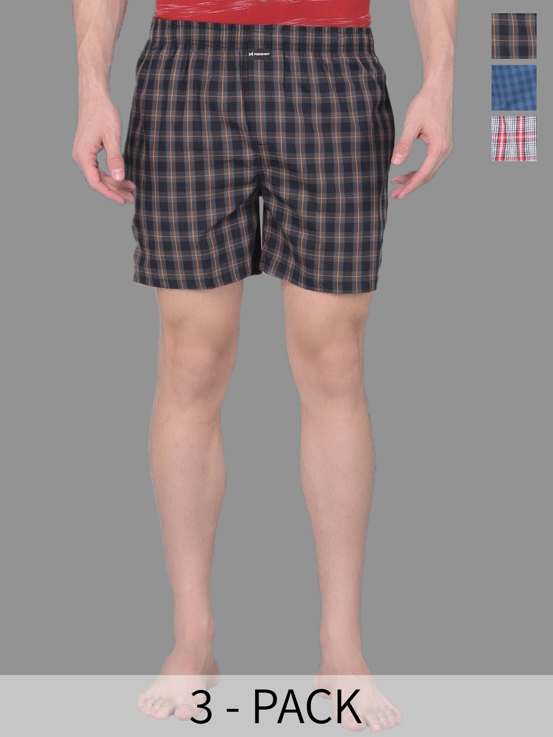 

Force NXT Pack Of 3 Checked Pure Cotton Boxers, Navy blue