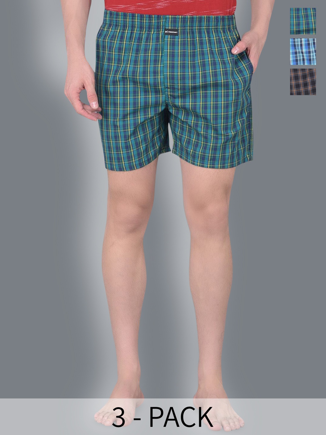 

Force NXT Pack Of 3 Checked Pure Cotton Boxers, Blue