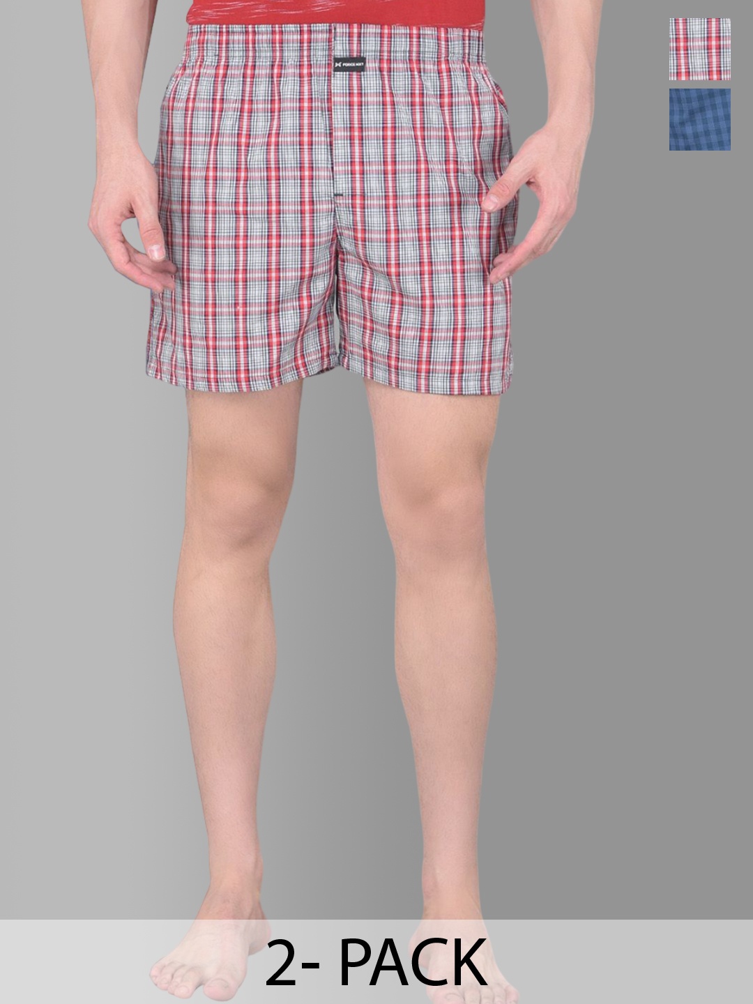 

Force NXT Pack Of 2 Checked Pure Cotton Boxers- MNAL-582-Pocket-CHECKS 2/3, Red