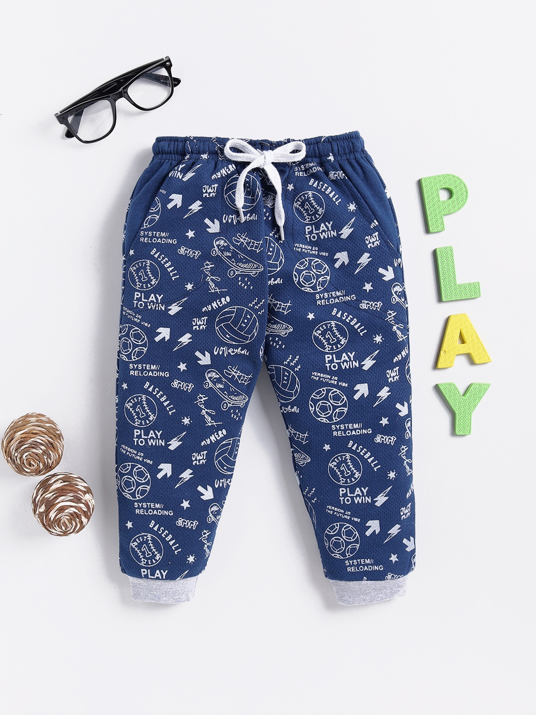 

Here&Now X Game Begins Boys Printed Cotton Joggers, Navy blue
