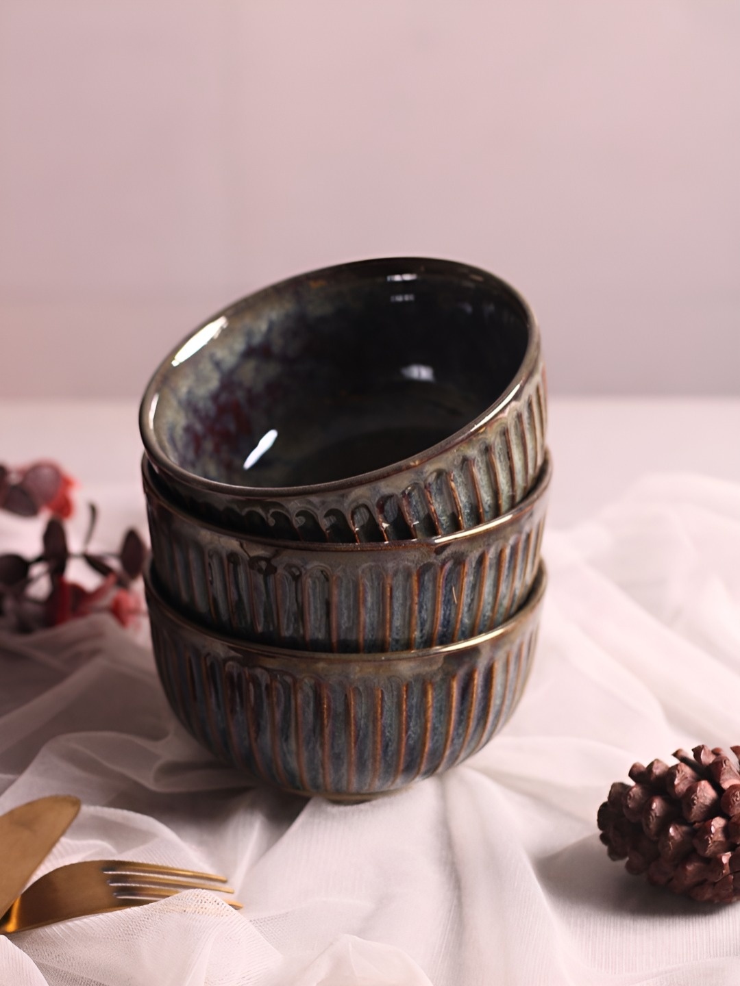

WEAVING HOMES Brown 3 Pieces Textured Dishwasher Safe Ceramic Bowl