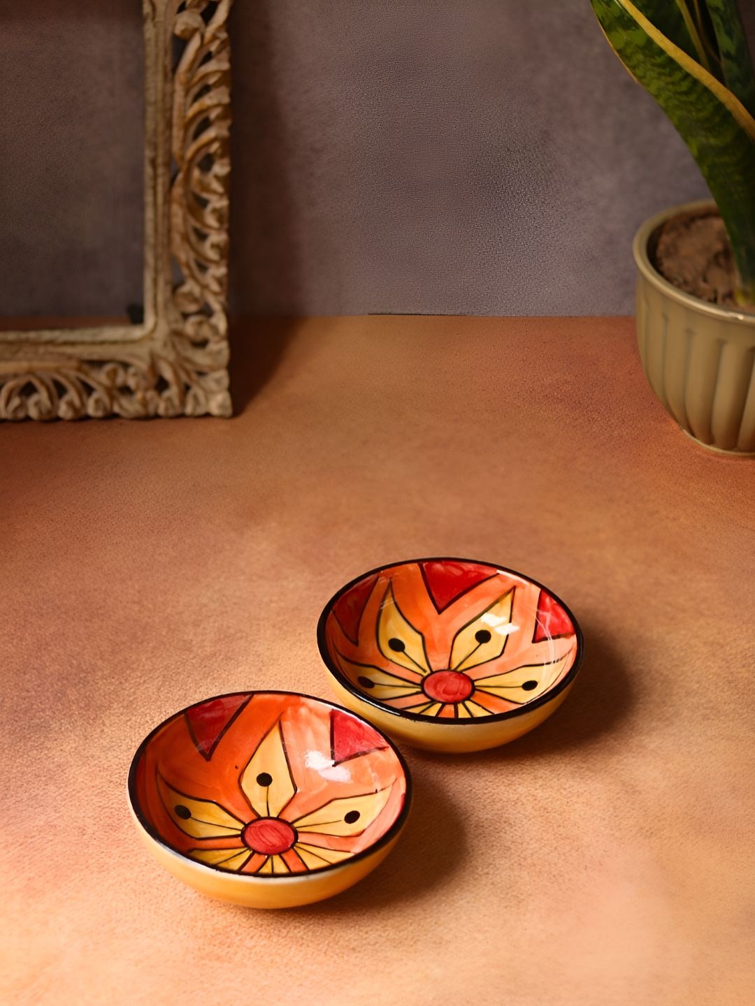 

WEAVING HOMES Orange & Yellow 2 Pieces Printed Ceramic Glossy Finished Serving Bowls