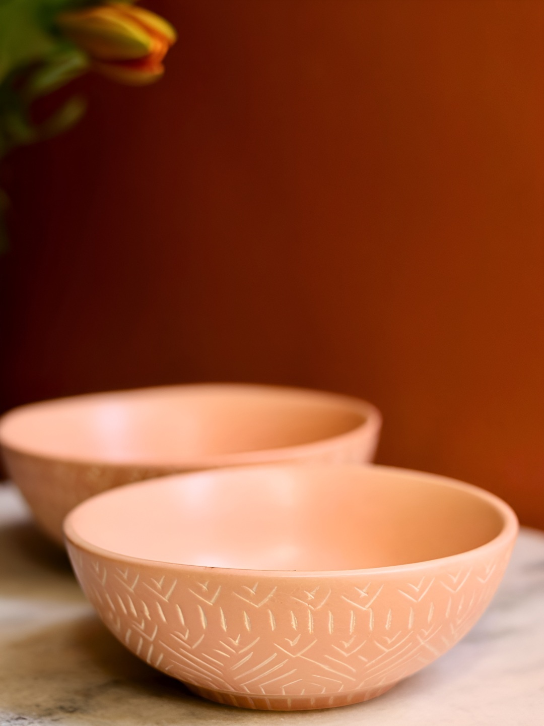 

WEAVING HOMES Pink 2 Pieces Textured Ceramic Glossy Finished Serving Bowls