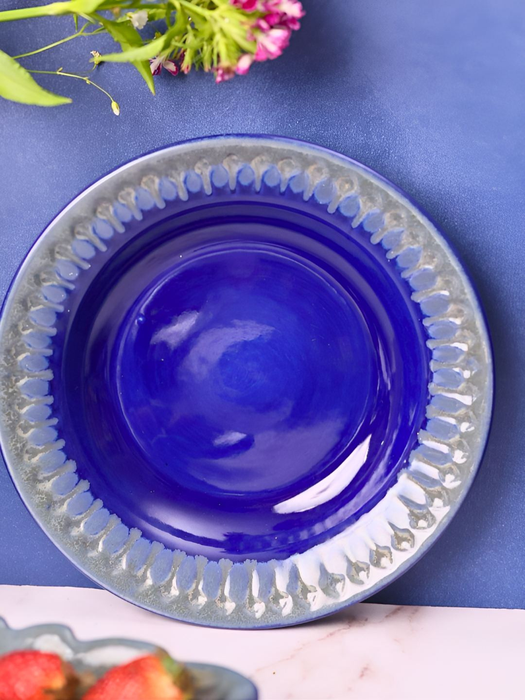 

WEAVING HOMES Blue & Grey Textured Ceramic Serving Bowl