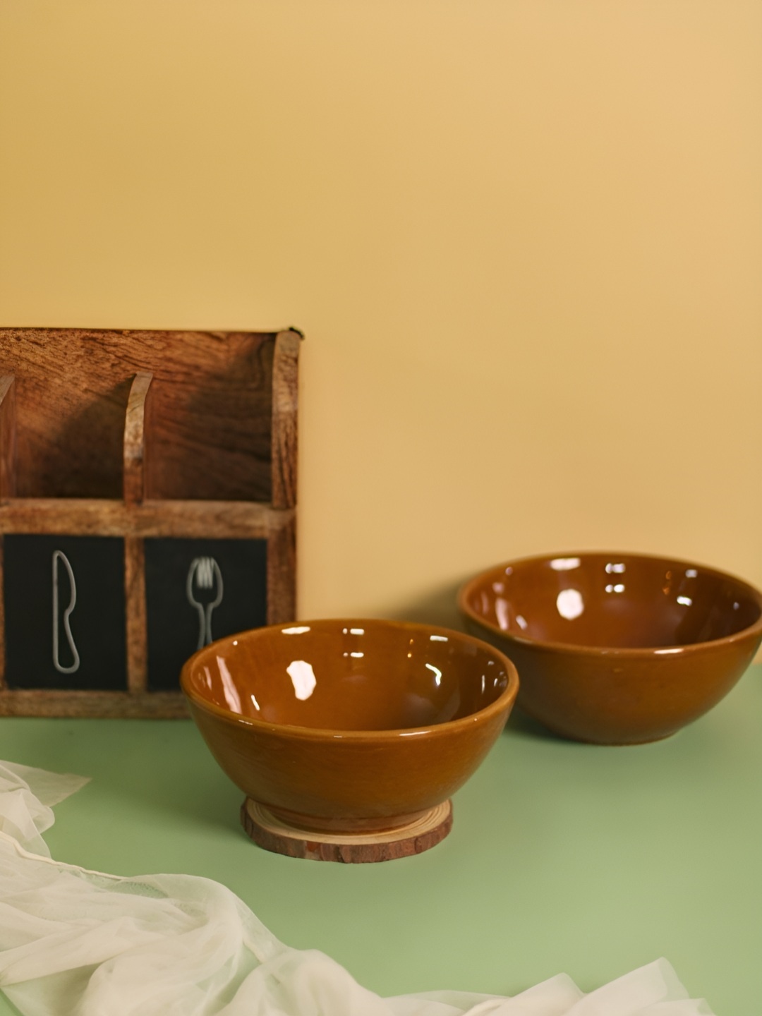 

WEAVING HOMES Mustard Brown 2 Pieces Microwave Safe Glossy Ceramic Serving Bowls