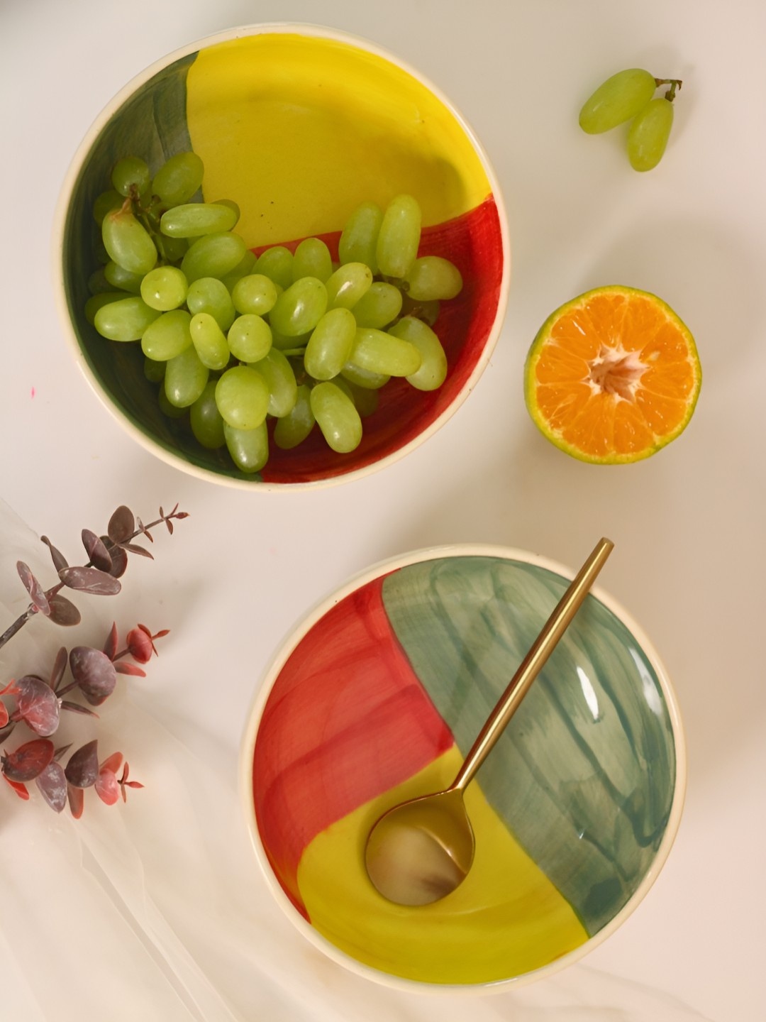 

WEAVING HOMES Yellow & Red 2 Pieces Printed Ceramic Glossy Finished Serving Bowls