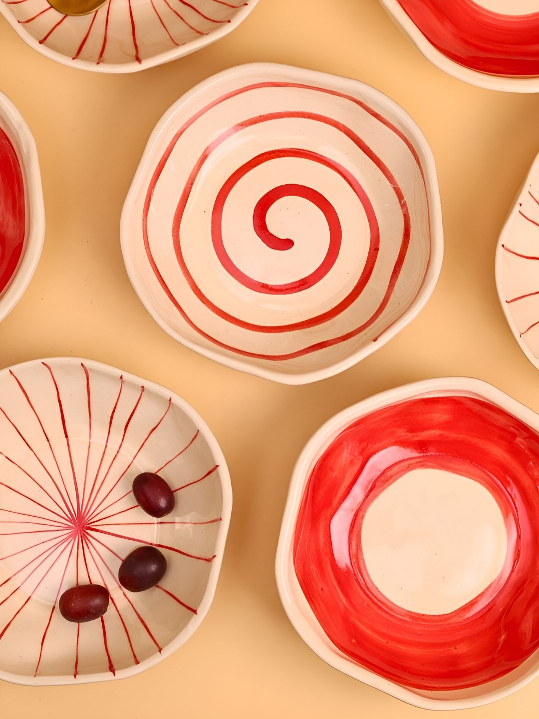 

WEAVING HOMES Peach & Red 3 Pieces Printed Ceramic Glossy Finished Serving Bowls