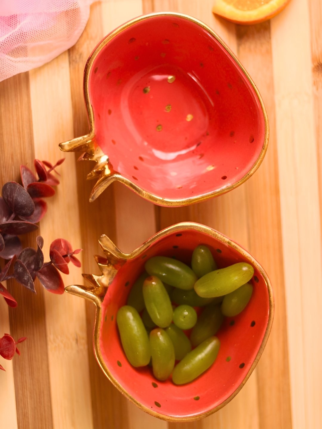 

WEAVING HOMES Red & Gold Toned 2 Pieces Ceramic Ice Cream Serving Bowls