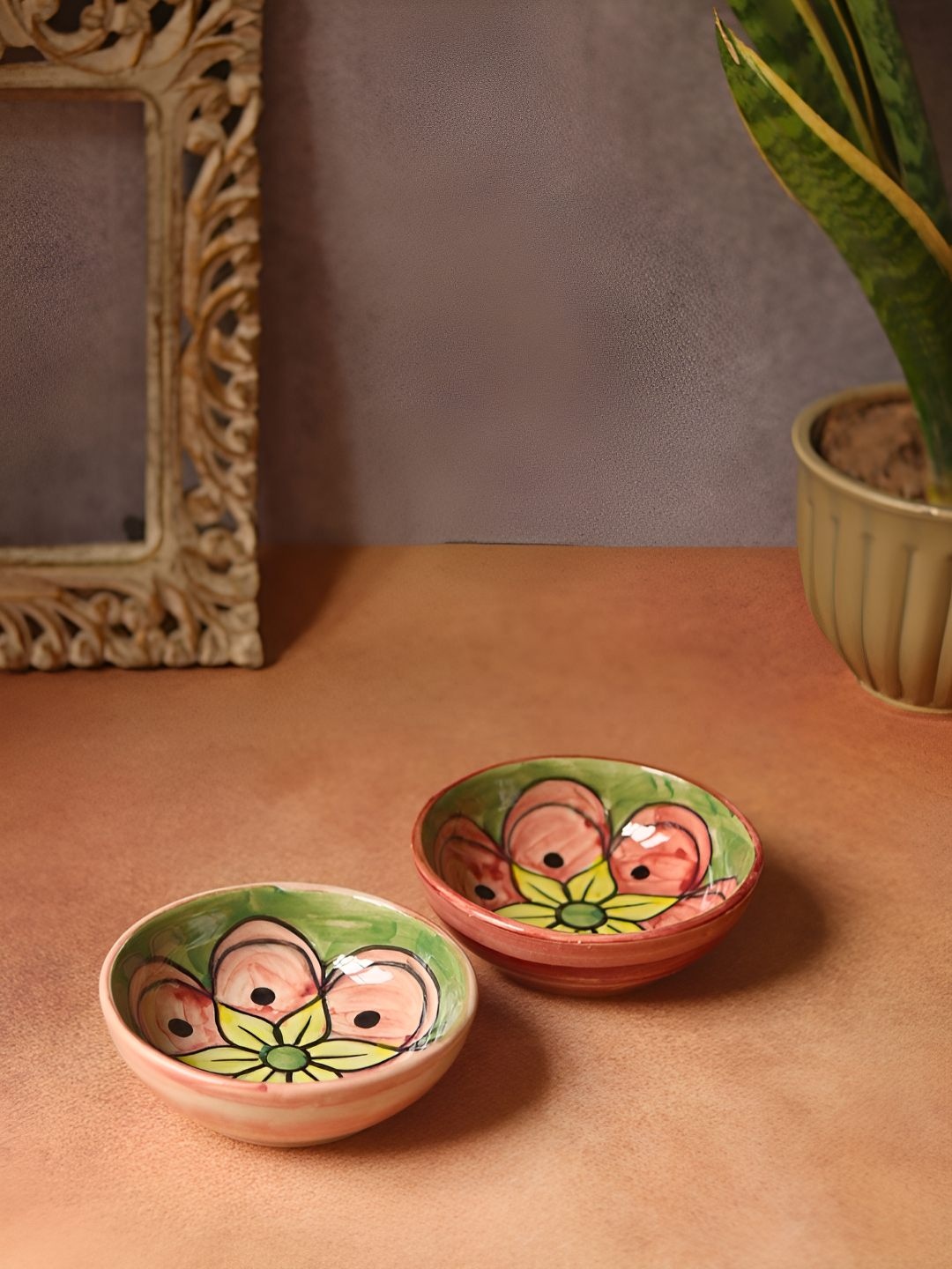 

WEAVING HOMES Peach & Green 2 Pieces Printed Microwave Safe Glossy Ceramic Serving Bowls