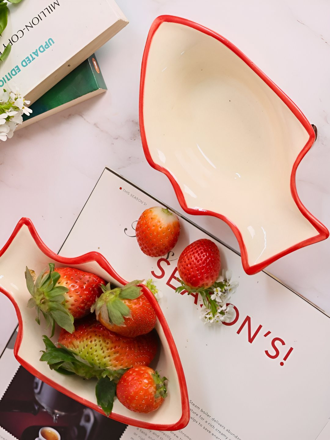 

WEAVING HOMES White & Red 2 Pieces Microwave Safe Glossy Ceramic Serving Bowls