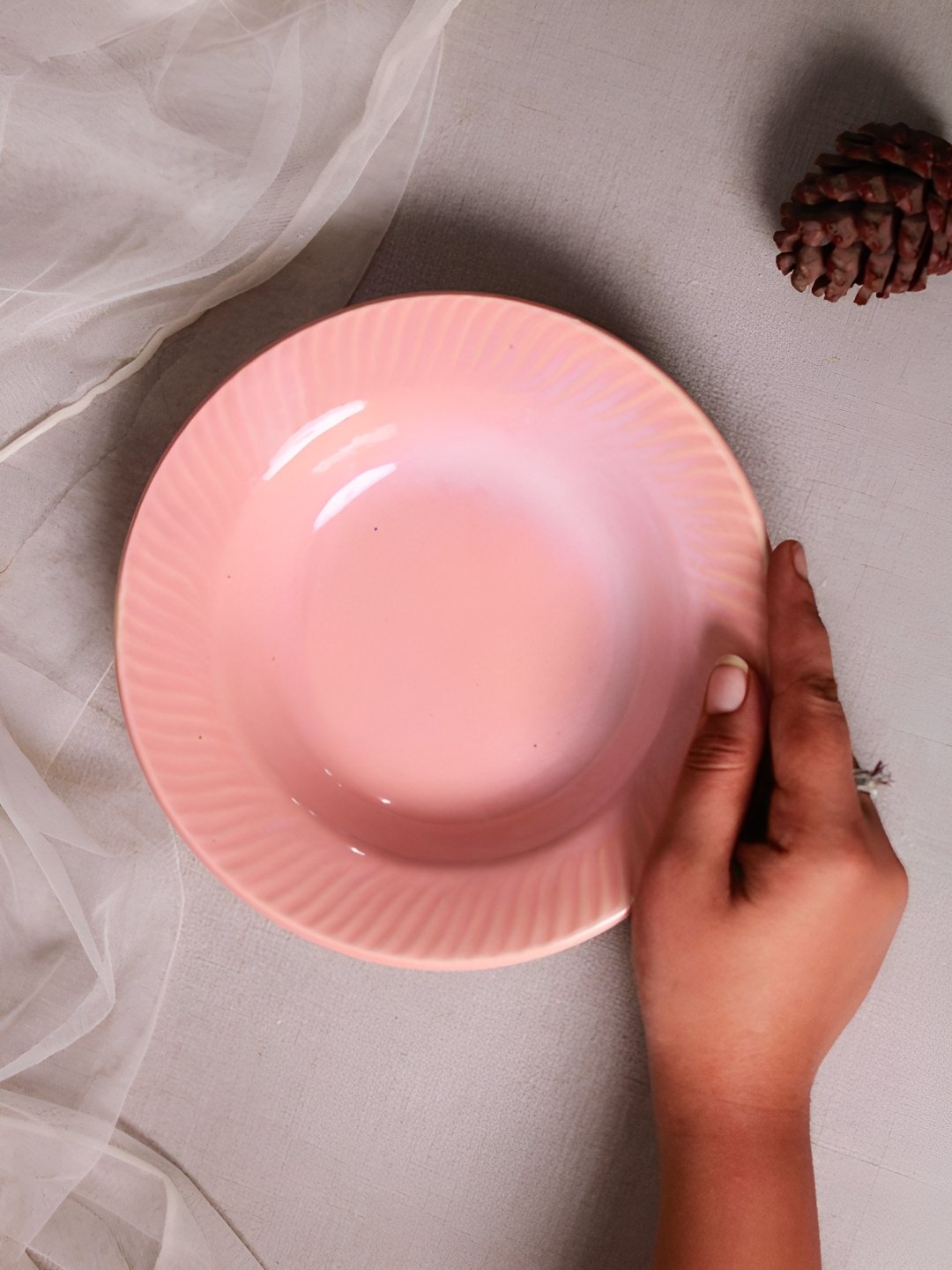 

WEAVING HOMES Pink Textured Ceramic Glossy Finished Snack Bowl