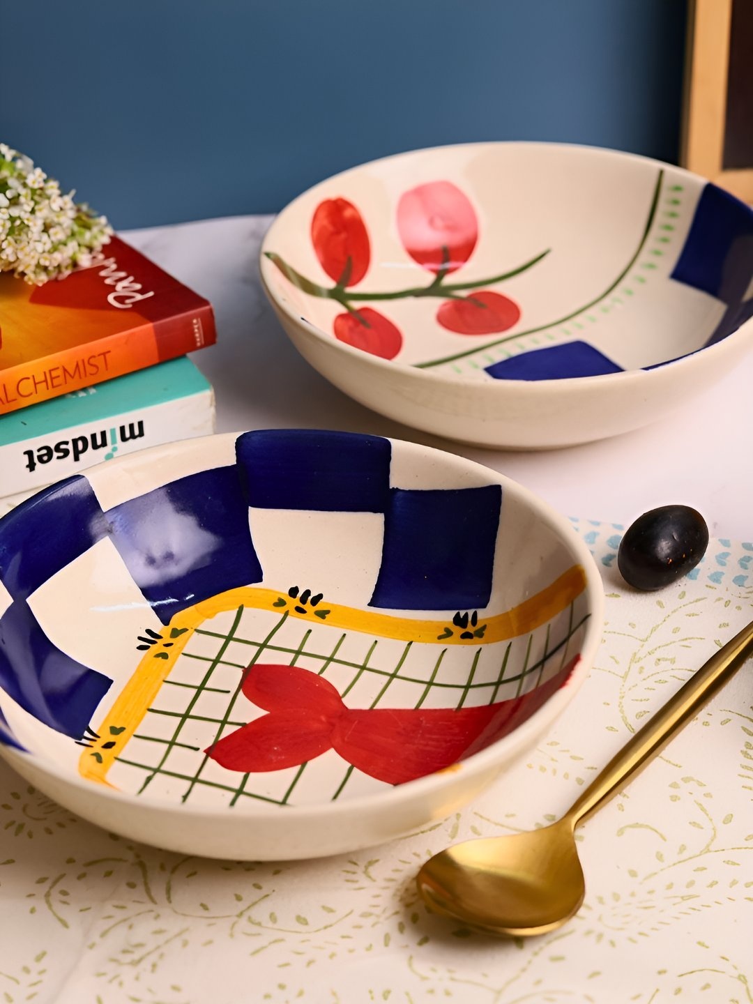 

WEAVING HOMES Blue & White 2 Pieces Printed Microwave Safe Glossy Ceramic Serving Bowls