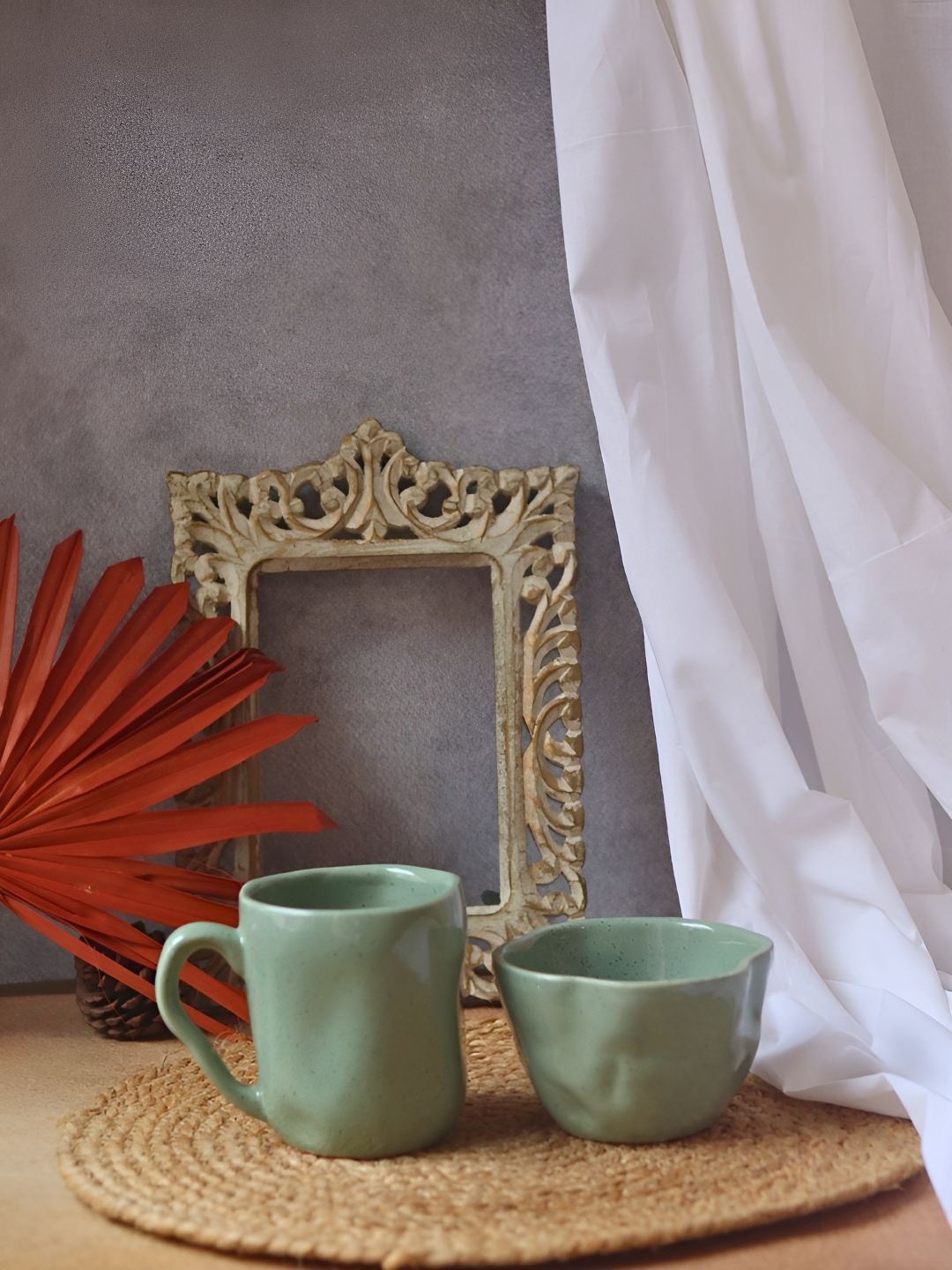 

WEAVING HOMES Green 2 Pieces Printed Ceramic Mug & Bowl