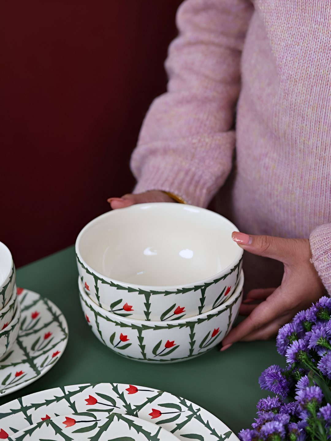 

WEAVING HOMES White & Green 2 Pieces Ceramic Glossy Finished Curry Bowls