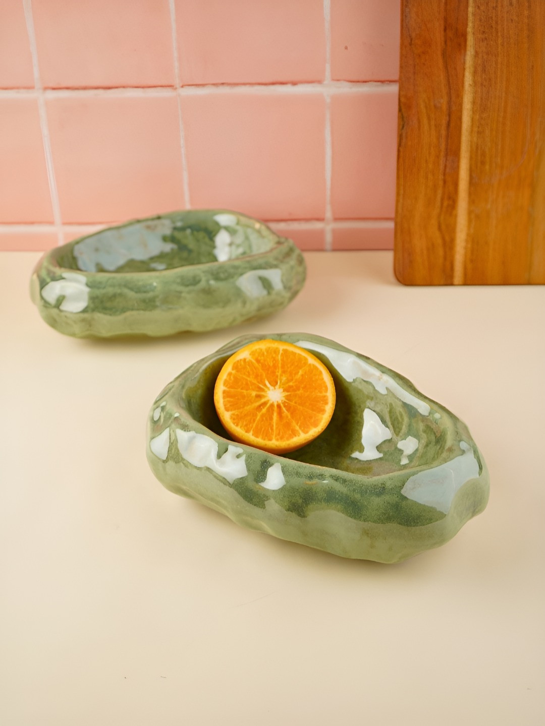 

WEAVING HOMES Green 2 Pieces Textured Ceramic Glossy Finished Serving Bowls