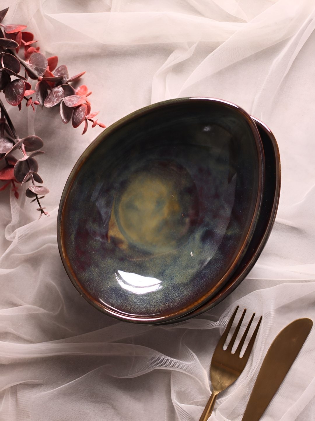 

WEAVING HOMES Olive Green & Brown 2 Pieces Textured Glossy Finished Serving Bowls