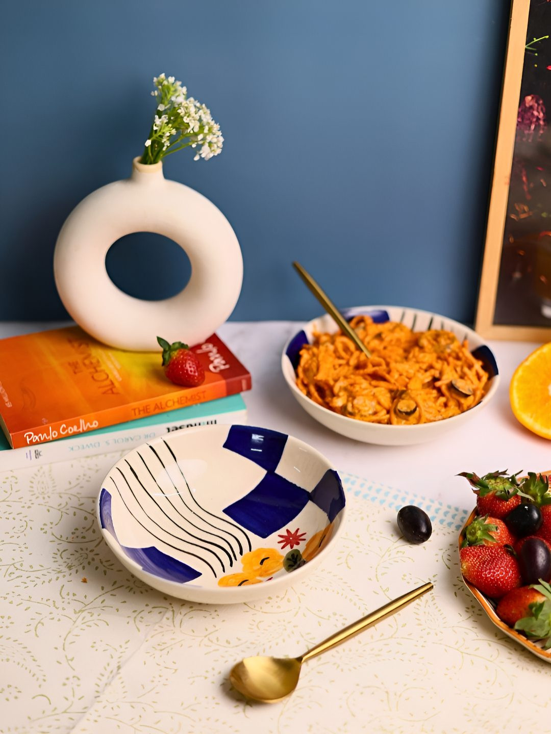 

WEAVING HOMES Cream Coloured & Blue 2 Pieces Printed Microwave Safe Ceramic Serving Bowls