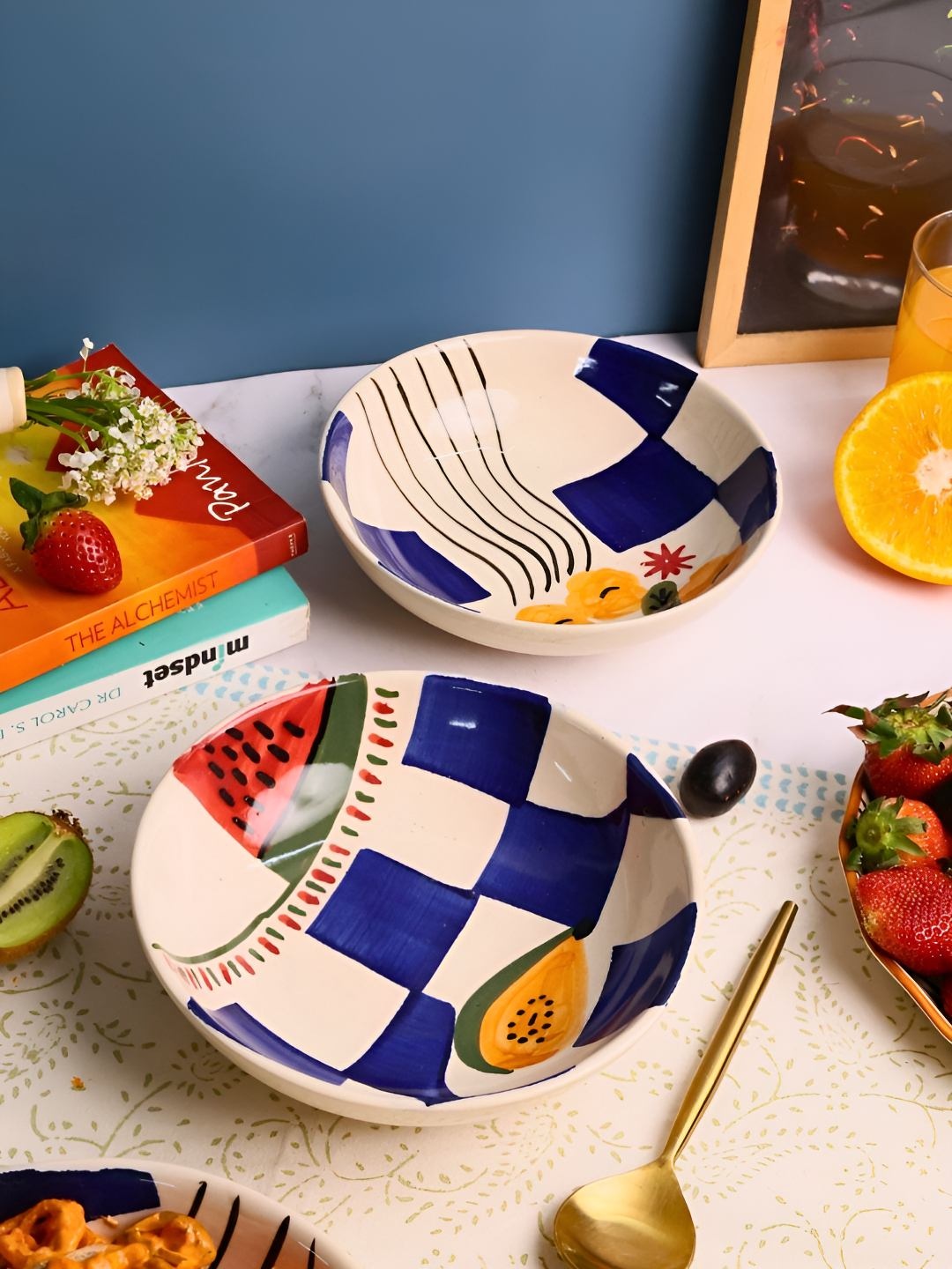 

WEAVING HOMES Blue & Beige 2 Pieces Printed Microwave Safe Glossy Ceramic Serving Bowls