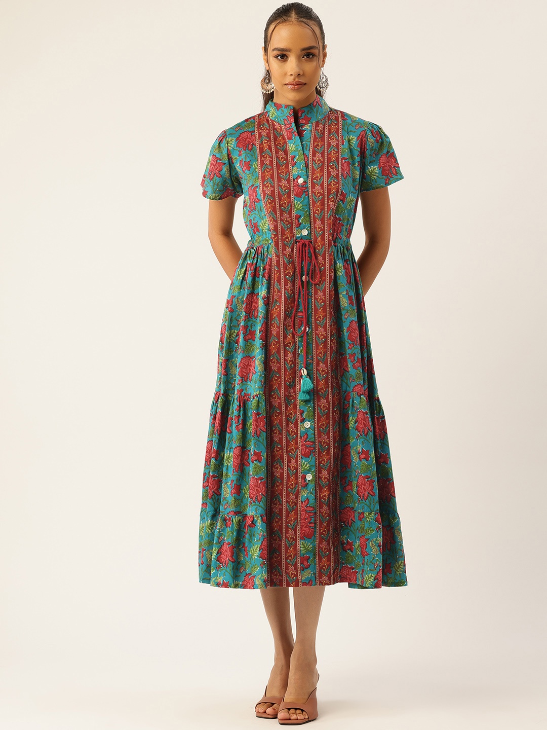 

Jaipur Morni Floral Print Fit & Flare Maxi Pure Cotton Dress, Teal