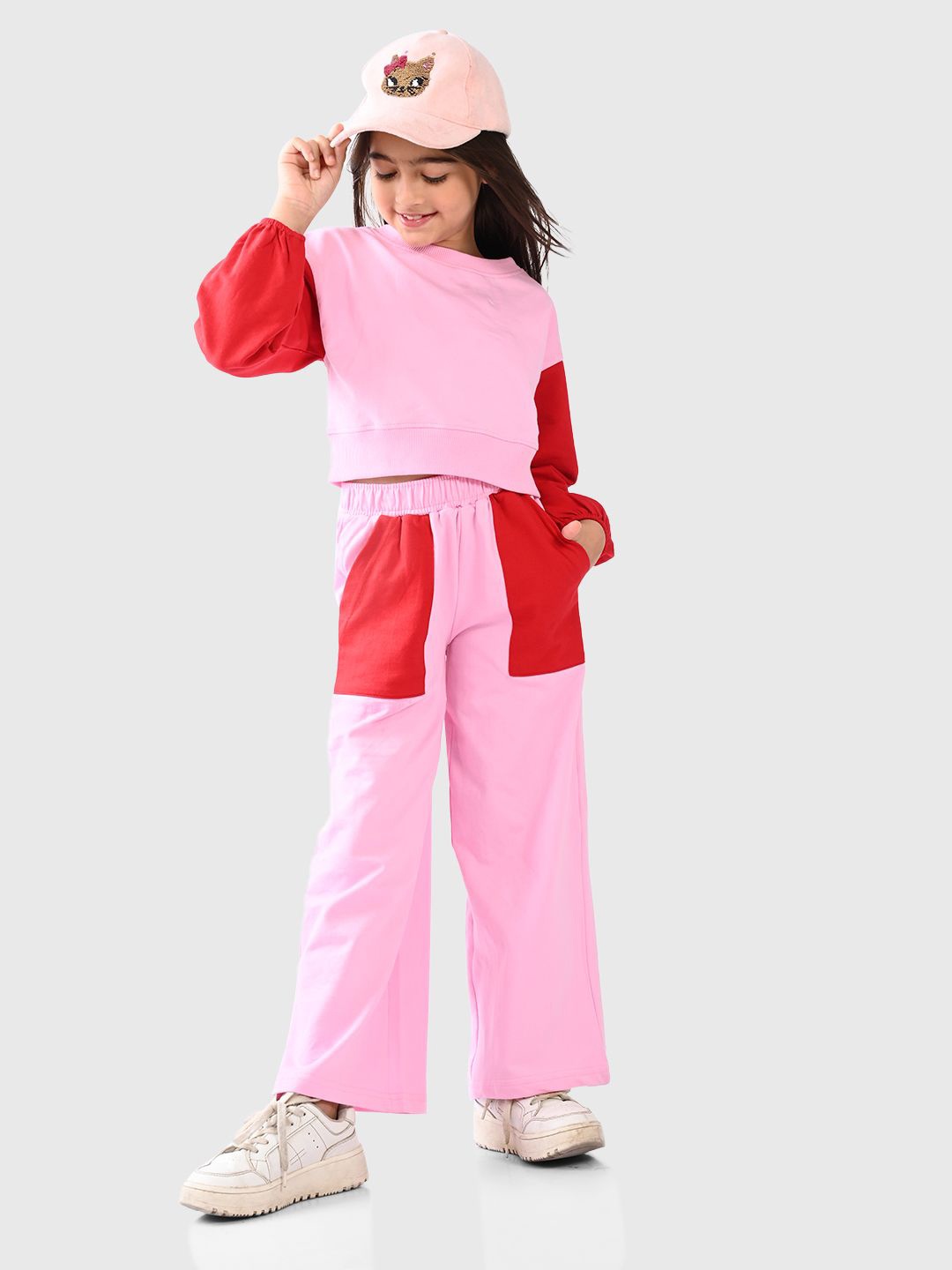

BONKIDS Girls Colourblocked Pure Cotton Sweatshirt With Trousers, Red