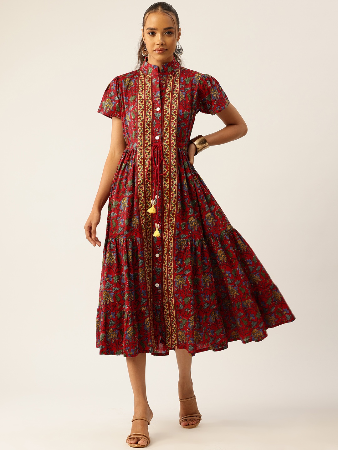 

Jaipur Morni Floral Print Fit & Flare Maxi Pure Cotton Dress, Red