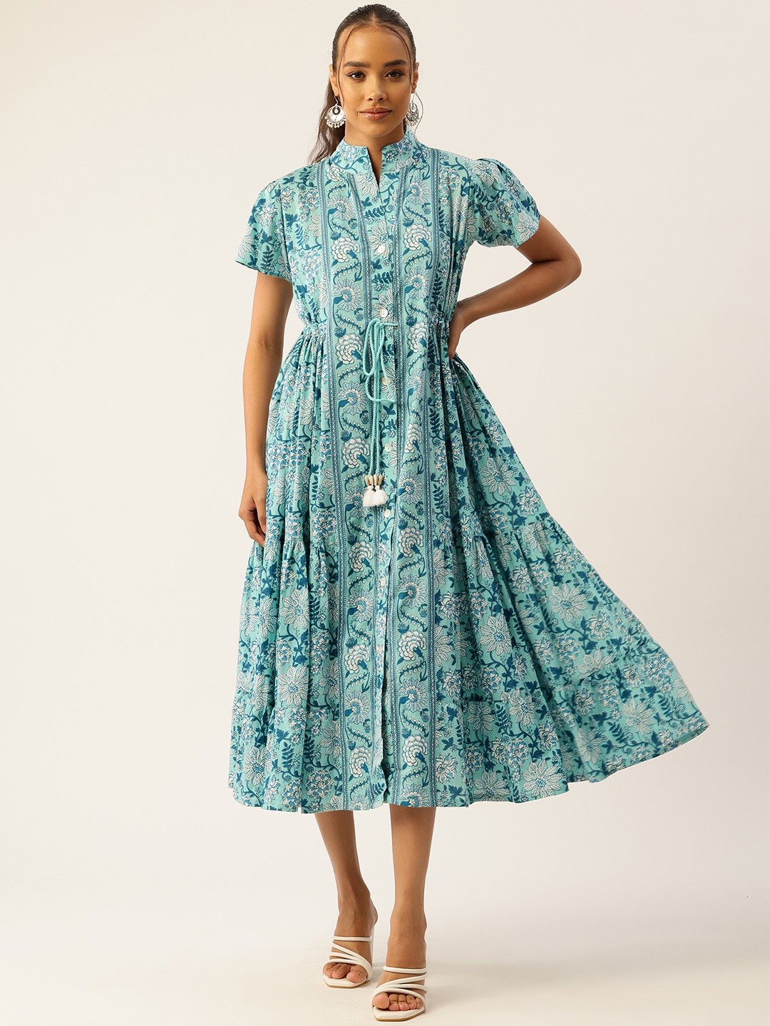 

Jaipur Morni Floral Print Fit & Flare Maxi Pure Cotton Dress, Turquoise blue