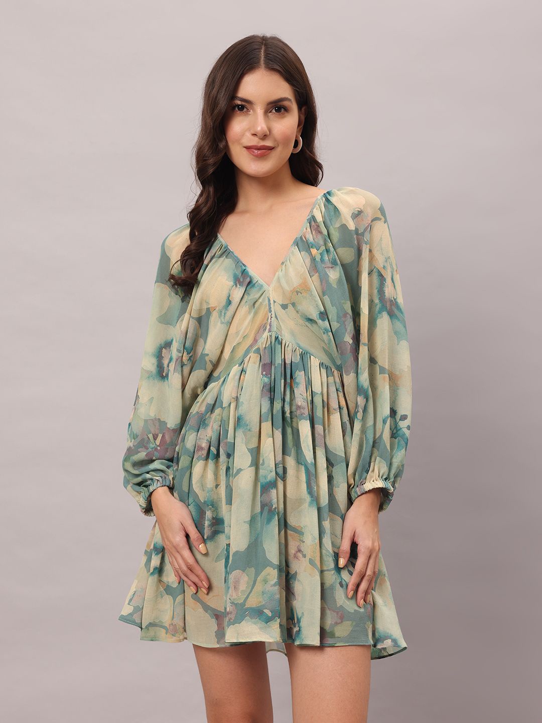 

BRIJAL LAD Printed Puff Sleeves A-Line Dress, Green