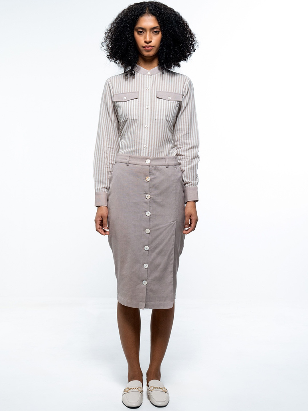 

SOTBELLA Women Pencil Skirt With Button Placket With Slit, Grey