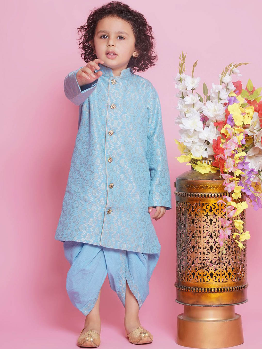 

Little Bansi Boys Embroidered Pure Cotton Sherwani Set, Blue