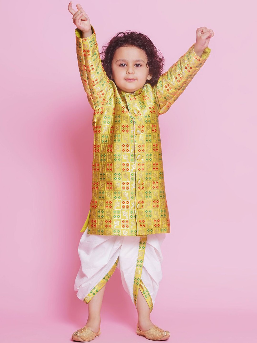 

Little Bansi Boys Embroidered Pure Cotton Sherwani Set, Yellow