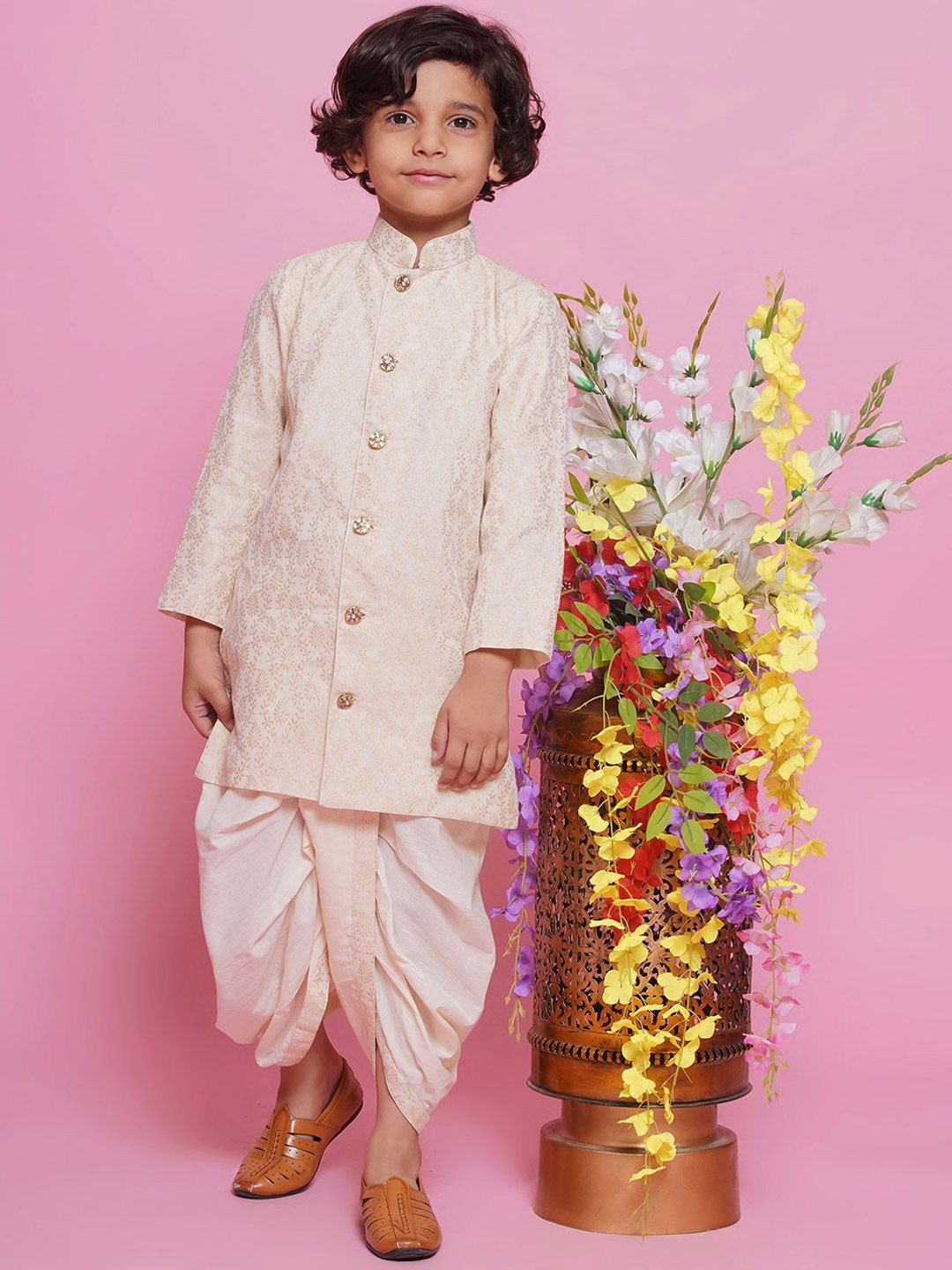 

Little Bansi Boys Embroidered Pure Cotton Sherwani Set, Cream