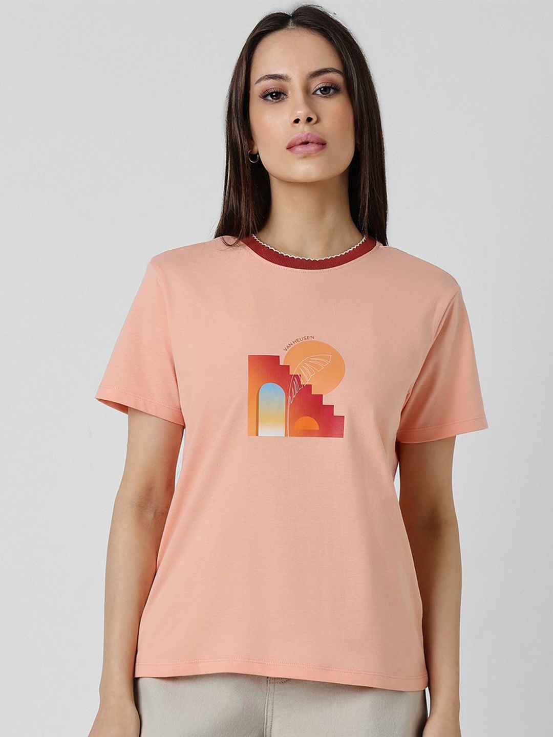 

Van Heusen Woman Graphic Printed Round Neck Cotton Top, Peach