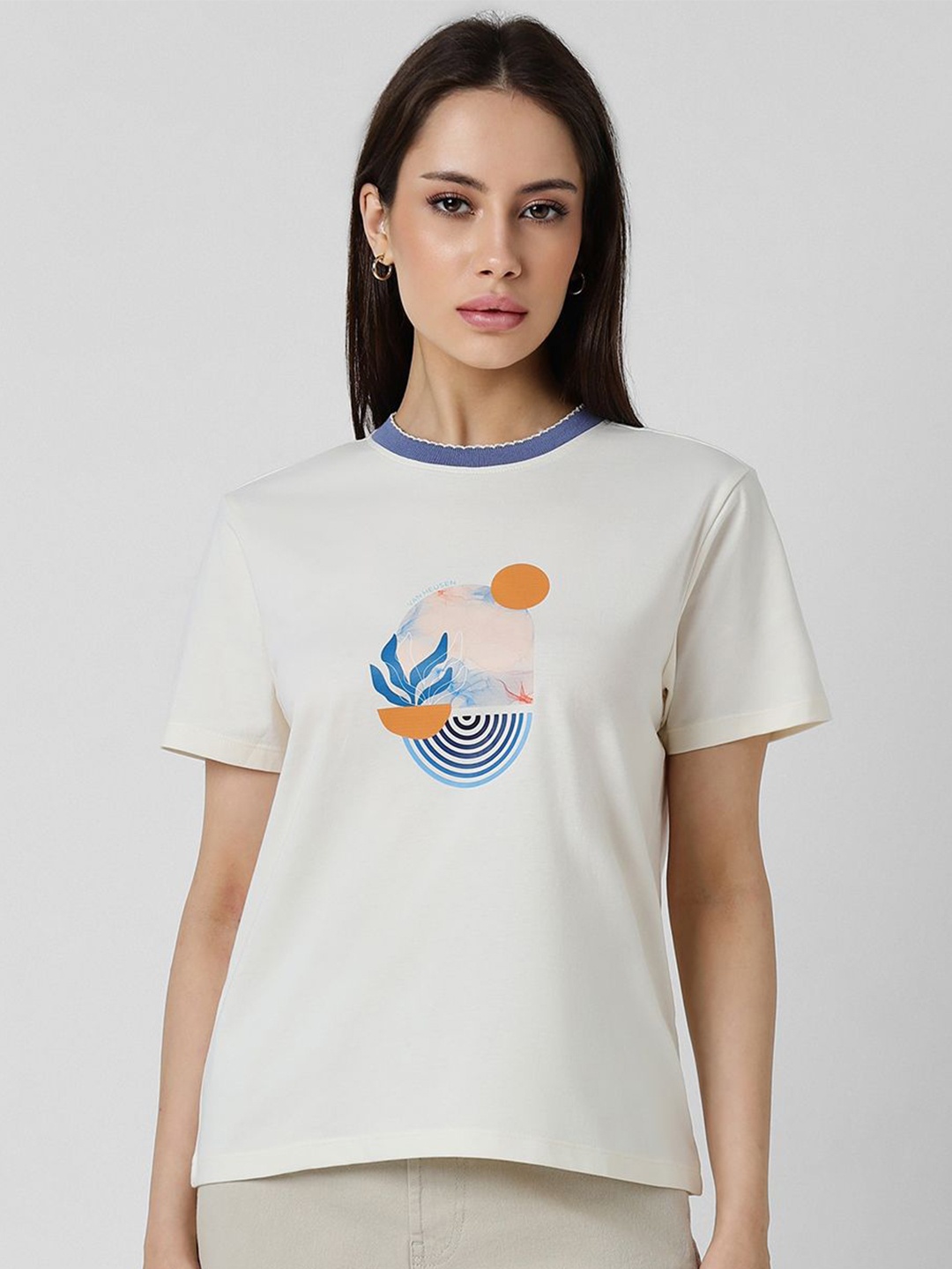 

Van Heusen Woman Graphic Printed Round Neck Cotton Top, Off white