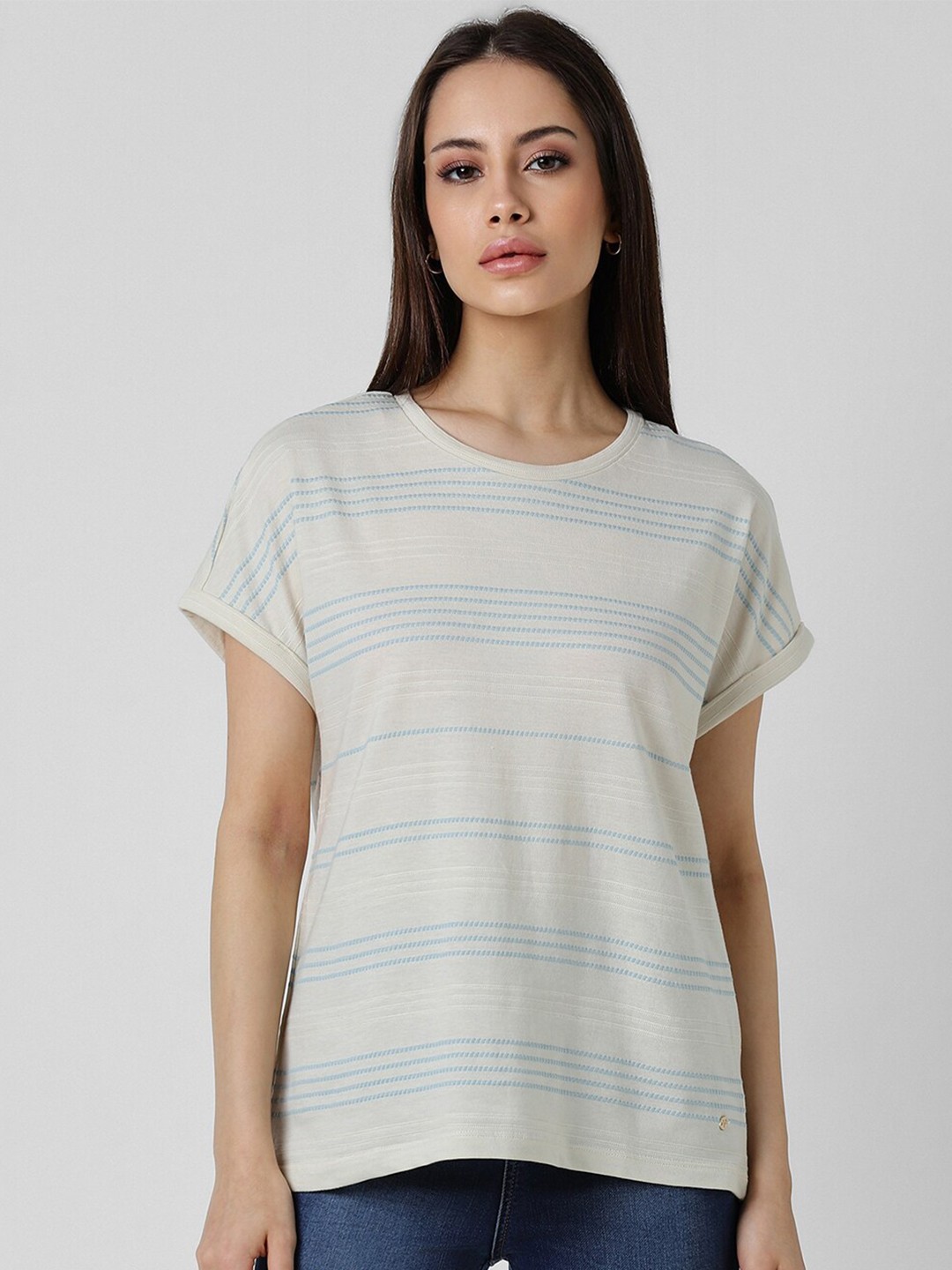 

Van Heusen Woman Horizontal Striped Round Neck Top, Off white