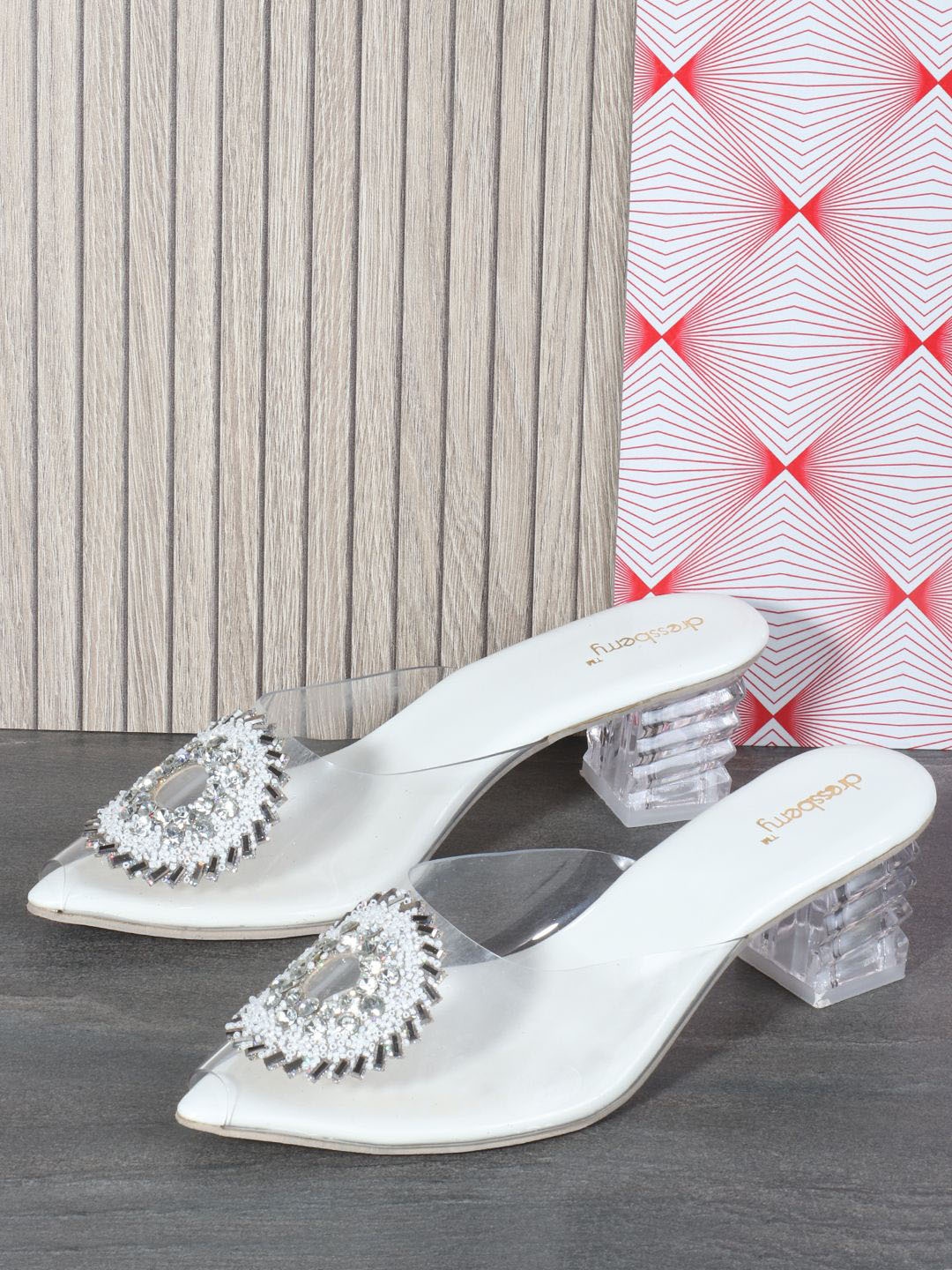 

DressBerry White Embellished Peep Toe Block Heels