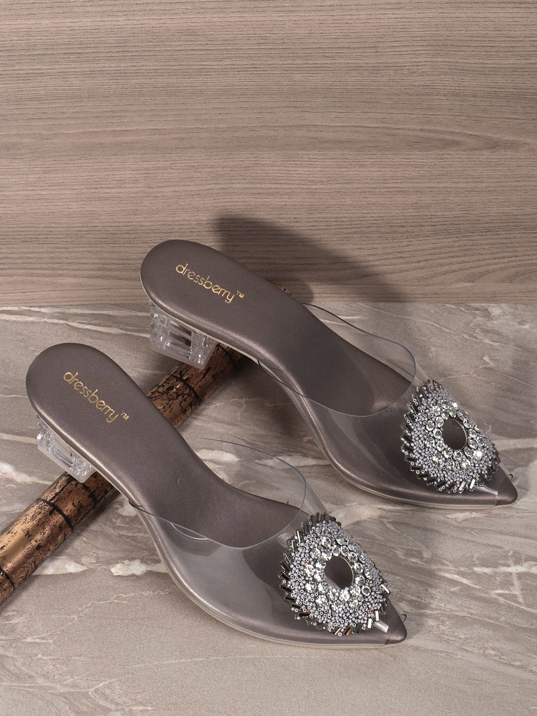 

DressBerry Grey Embellished Peep Toes Block Heels