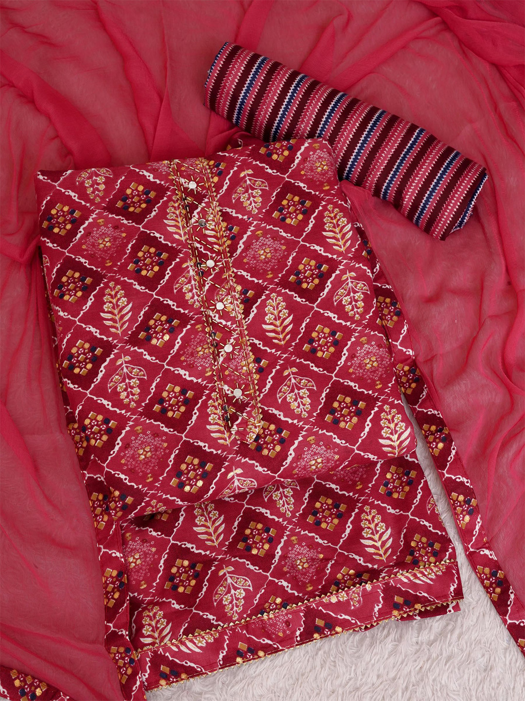 

KALINI Ethnic Motifs Printed Unstitched Dress Material, Pink